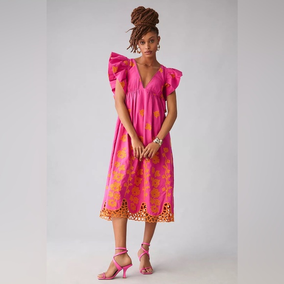 Anthropologie Dresses & Skirts - Anthropologie V-Neck Ruffle-Sleeve Babydoll Midi Dress